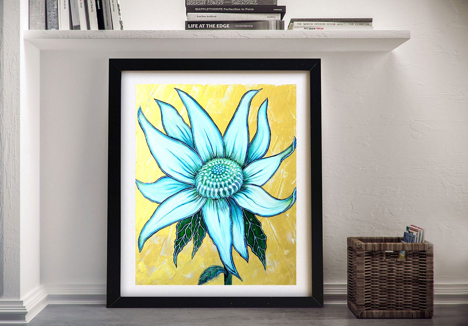 Framed White Waratah floral canvas in soft neutral tones for an elegant wall