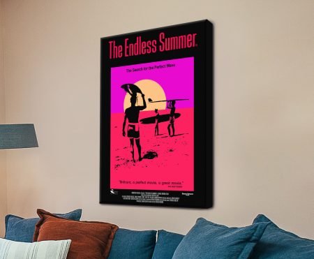 The Endless Summer 1966 surf film poster with silhouetted surfers carrying boards toward a glowing sun, on canvas