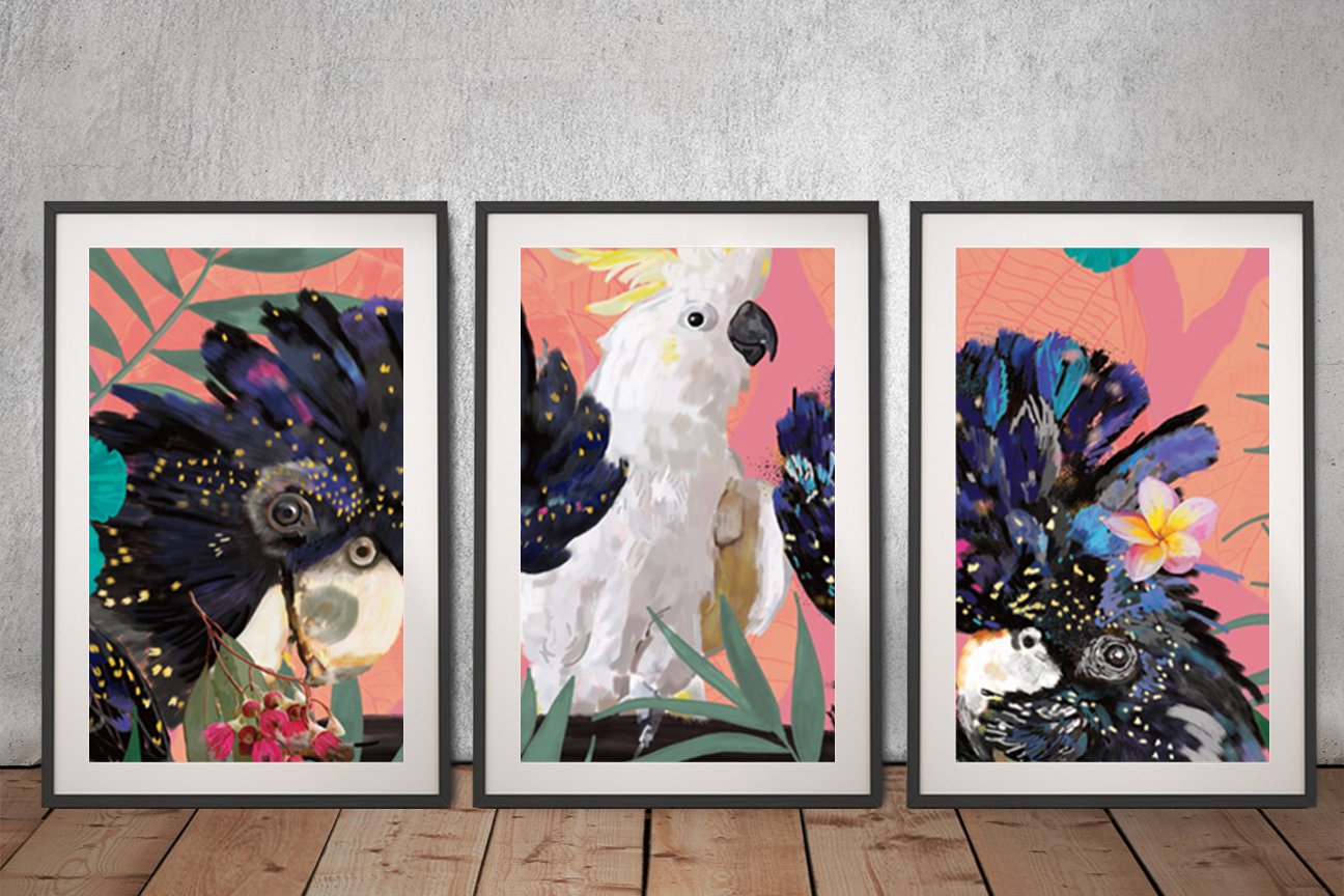 Split Panel Art Cocky Black Cockys Triptych Aussie Art | Canvas Prints Sunshine Coast