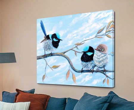 Fairy Wrens The Ceremony art, gathering of bright blue wrens amid delicate foliage