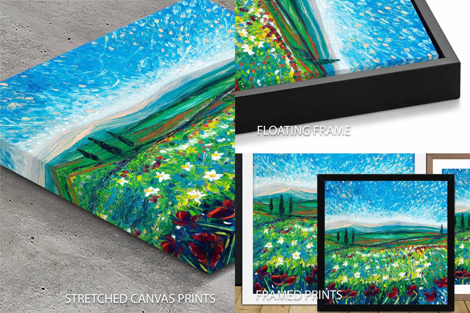 Chiara Magni Tuscan landscape painting shown as stretched canvas, floating frame and framed print format options