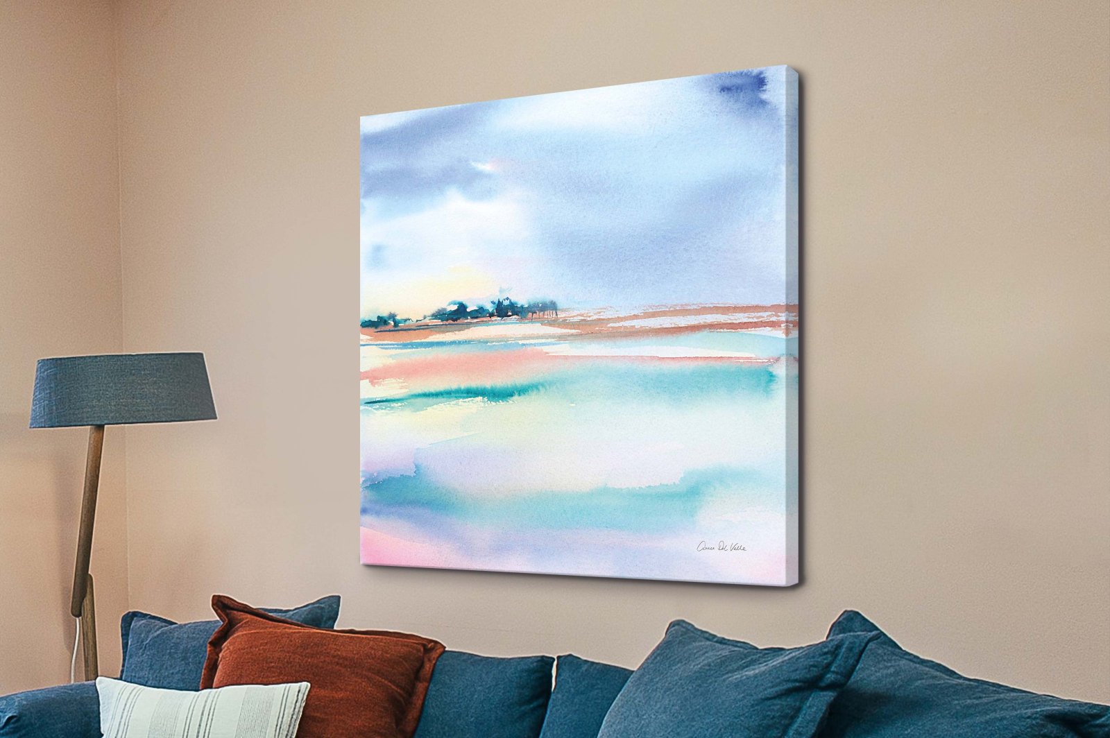 Canvas print of a soft watercolour water and sand scene, calm neutral mood for a Perth bedroom