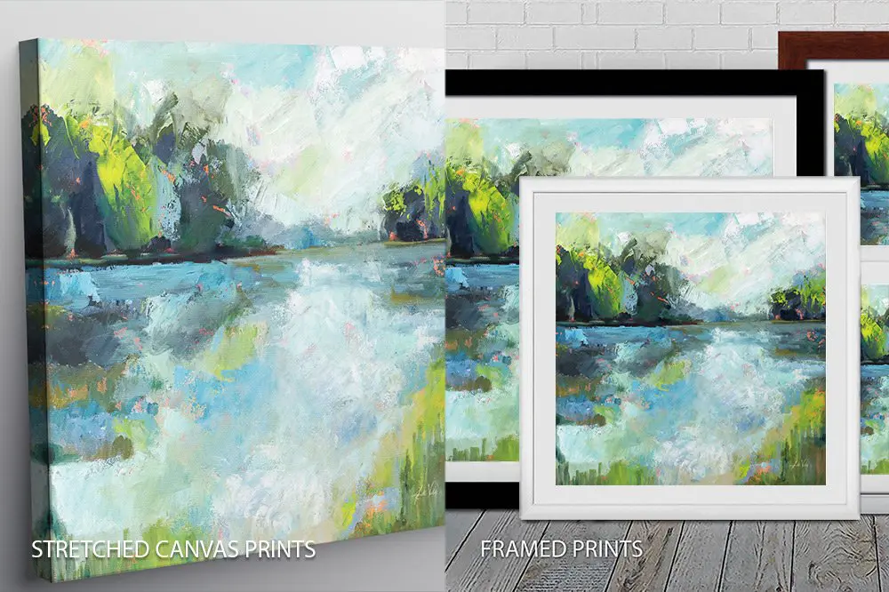 Calm Waters by Jeanette Vertentes shown as stretched canvas and framed prints with green trees and blue lake reflections