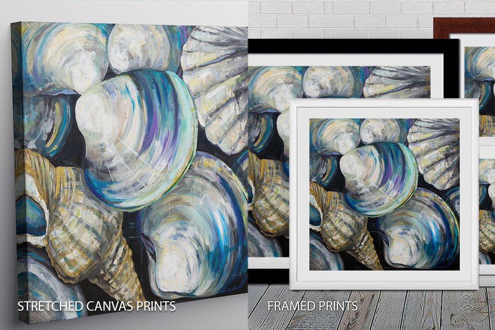 Key West Shells artwork by Jeanette Vertentes shown as stretched canvas and framed prints with blue, white and gold seashells