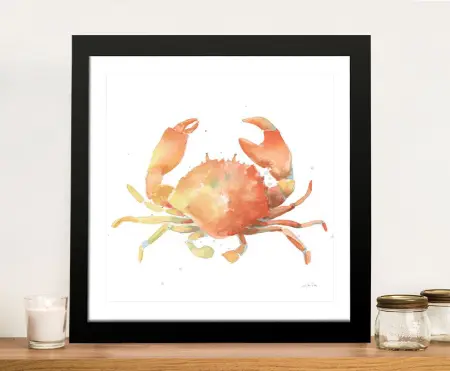Framed print of Summertime Crab, a loose watercolour of a crab in coral tones