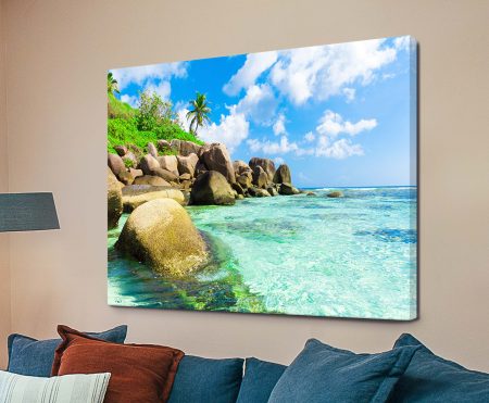 Tropical Paradise seascape with turquoise water and swaying palms