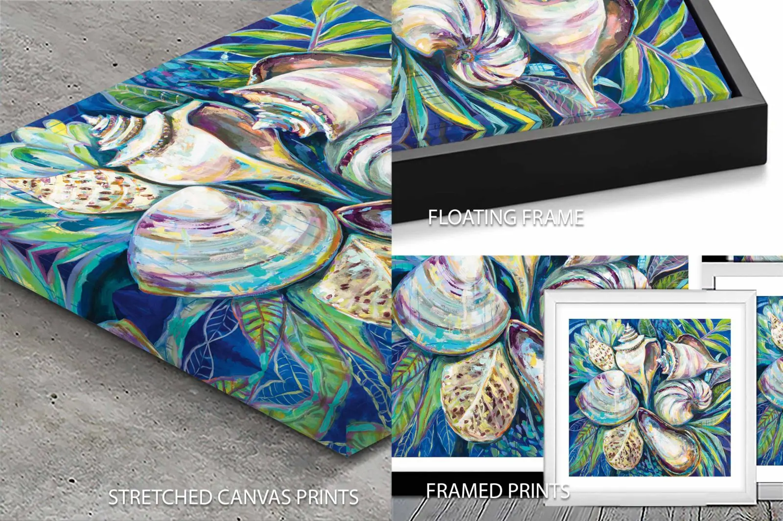 Tropical seashell artwork by Jeanette Vertentes shown as stretched canvas, floating frame and framed print formats in blue green tones