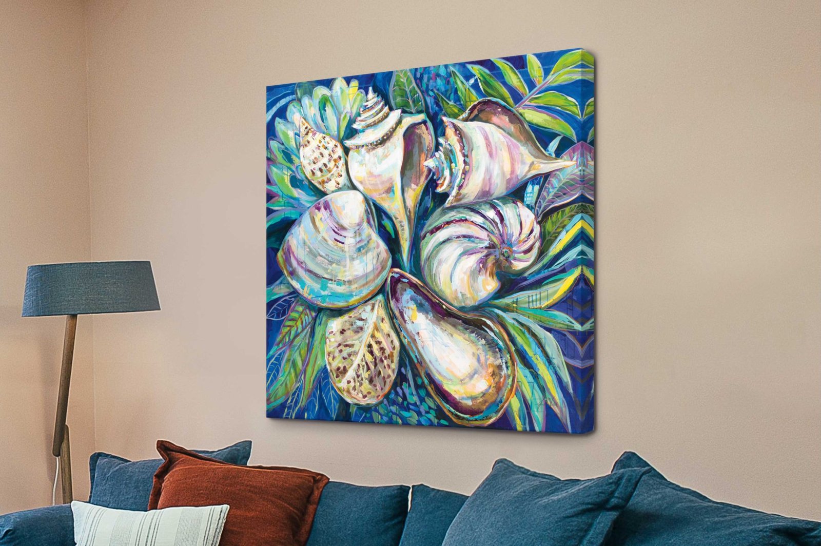 Tropical by Jeanette Vertentes canvas print, iridescent seashells over tropical foliage in blues, emerald greens and pearl tones
