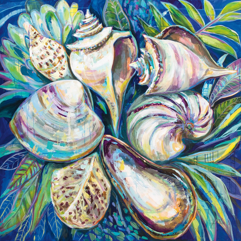 Tropical seashell painting by Jeanette Vertentes featuring iridescent shells and green palm leaves on deep blue background