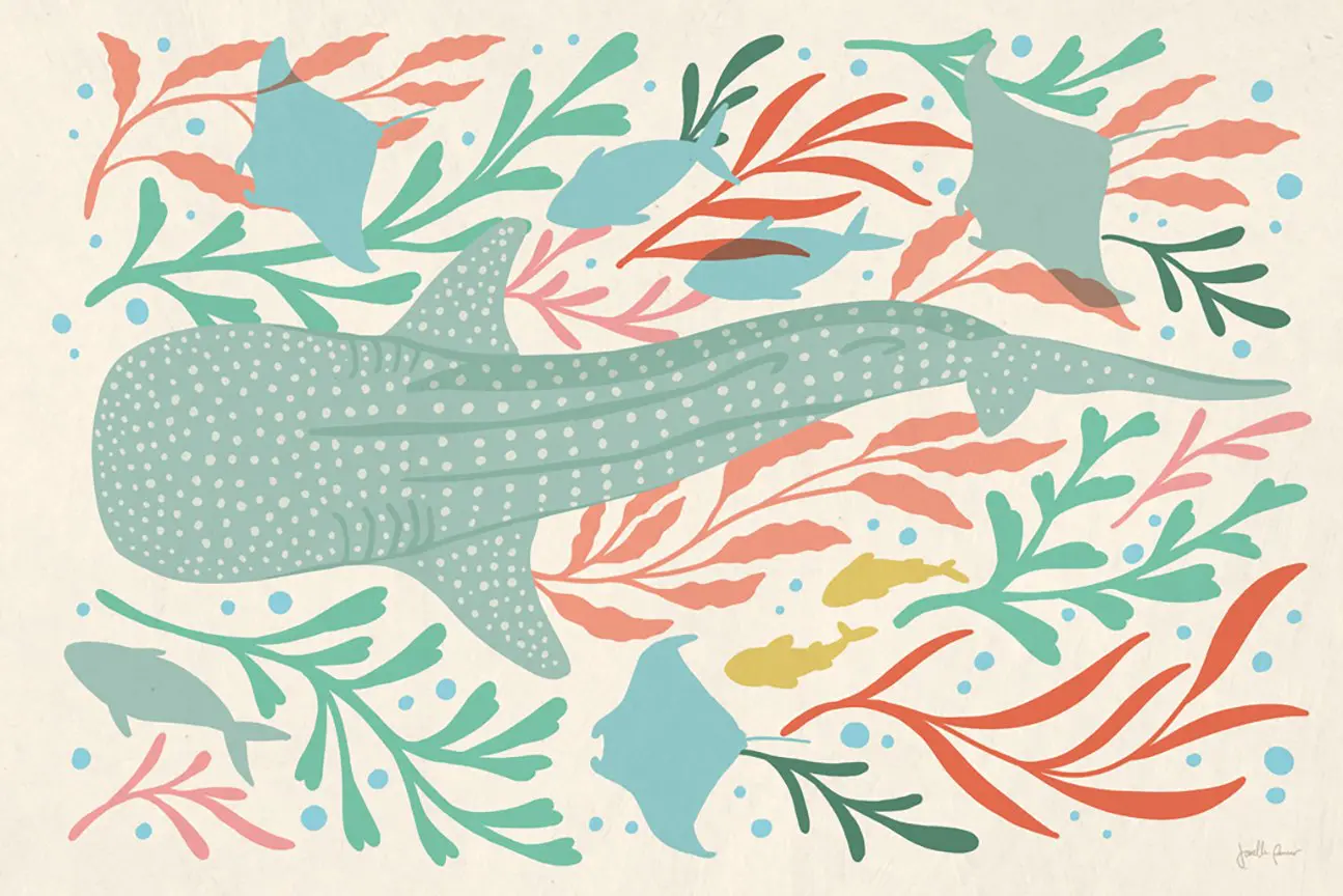 Whimsical underwater illustration featuring whale shark, stingrays and fish among coral and seaweed in coral pink, mint and teal tones