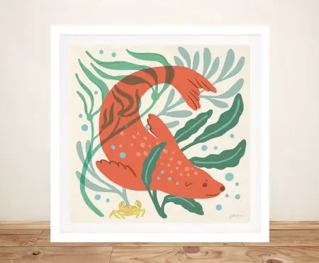 Framed print of Under the Sea II showing an orange fish and crab among teal seaweed
