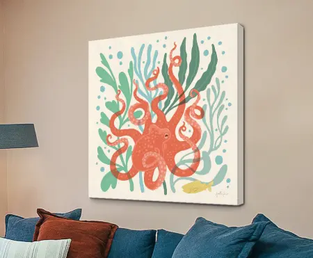 Under the Sea III by Janelle Penner featuring a coral octopus and small yellow fish among teal and sage seaweed on a cream background