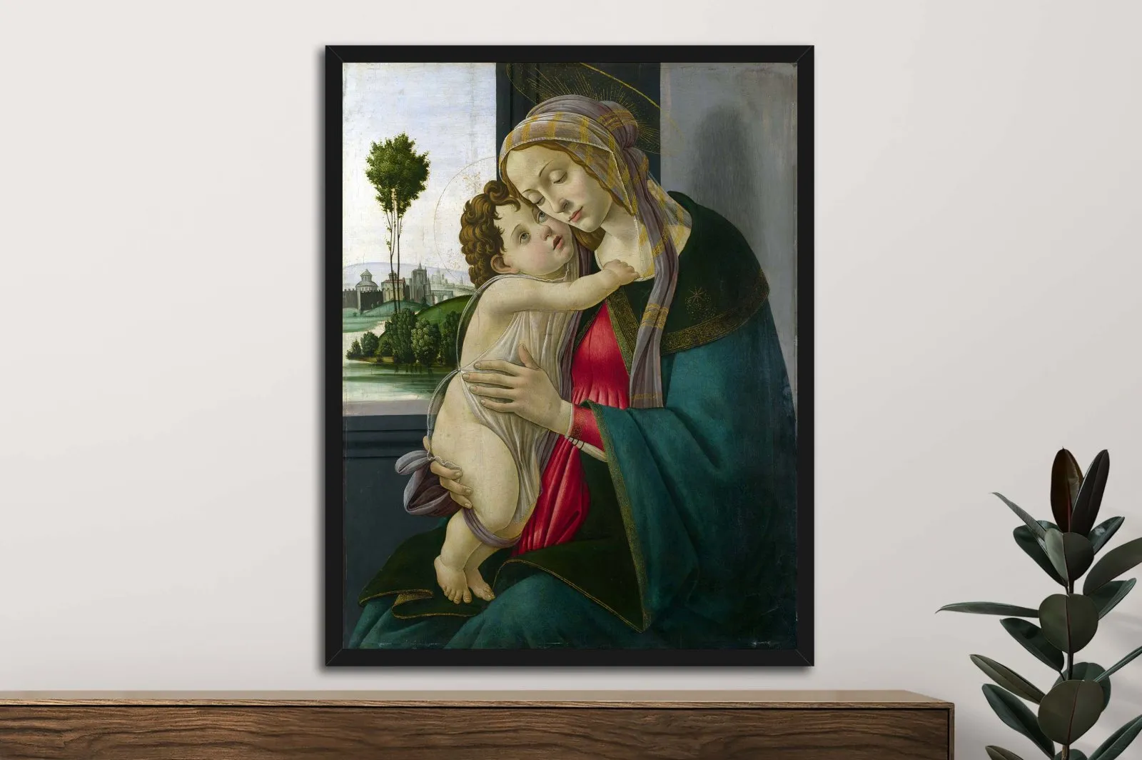 Framed print of The Virgin and Child by Botticelli, warm Renaissance mood for a Perth hallway