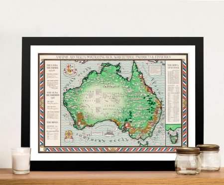 1930 pictorial map of Australia framed print with green continent on blue sea and ornate lettered panels