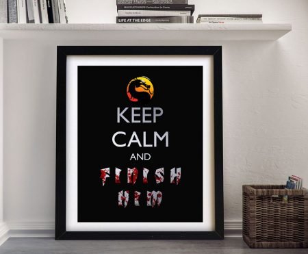 Finish Him gaming framed print in Keep Calm parody style with capitals and a crown in a slim frame