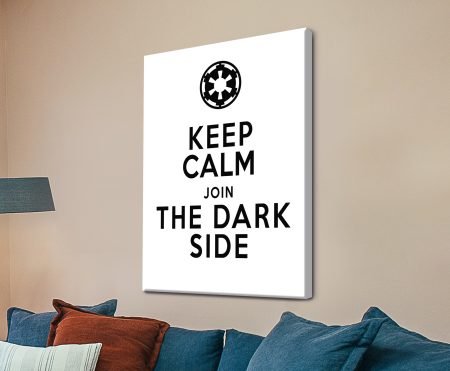 Keep Calm Join The Dark Side star wars canvas print over a navy sectional with rust and pale cushions