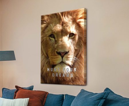 Hunt Your Dreams motivational lion close-up in full colour with bold gaze