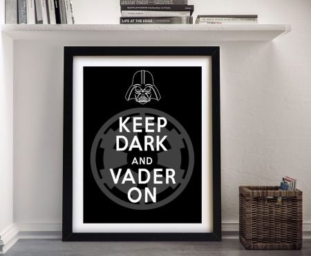 Star wars framed print Keep Dark and Vader On Darth Vader poster in black frame below white shelf