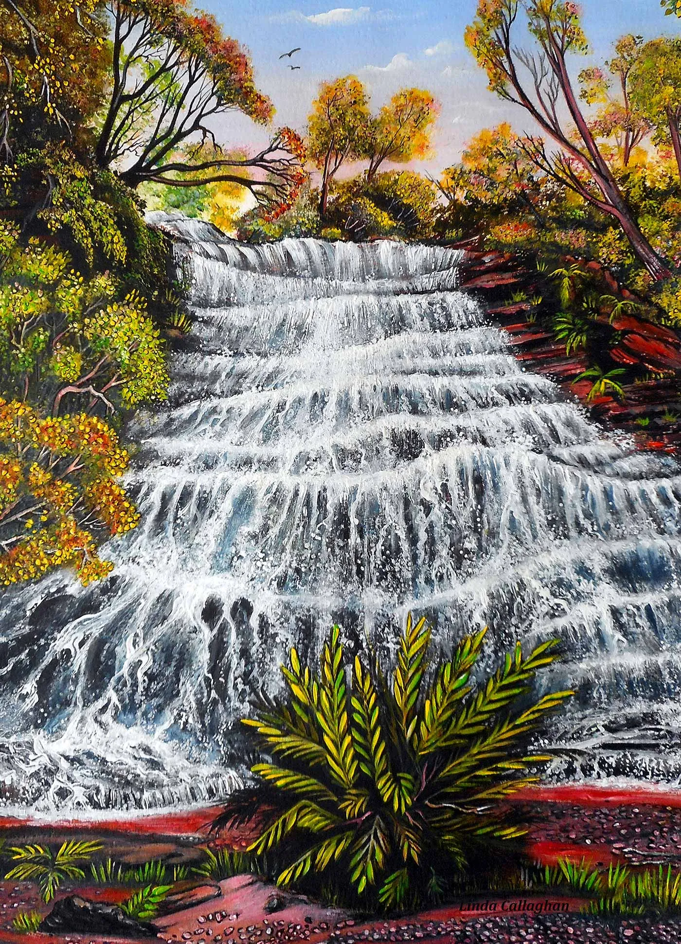 Katoomba waterfall painting, soft greens and misty spray of a Blue Mountains cascade