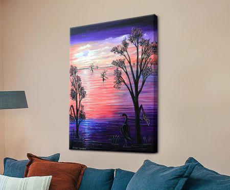 Dreamy landscape beneath a glowing moon in deep violet tones by Linda Callaghan