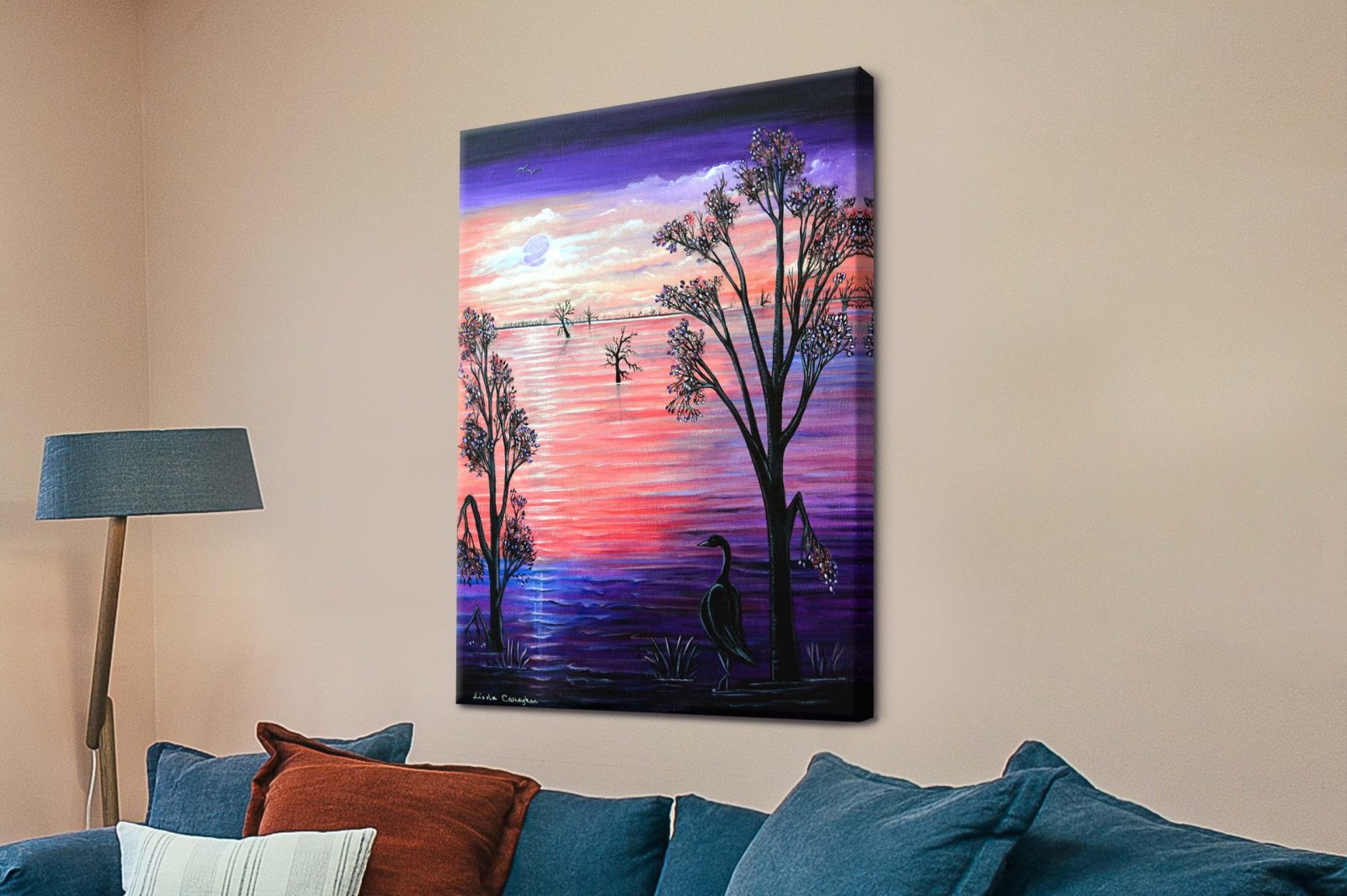 Dreamy landscape beneath a glowing moon in deep violet tones by Linda Callaghan