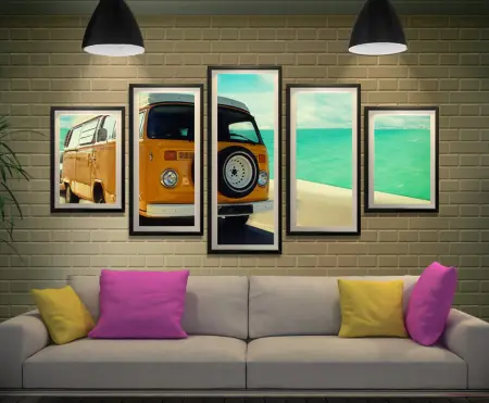 Framed five piece wall art of a vintage VW campervan