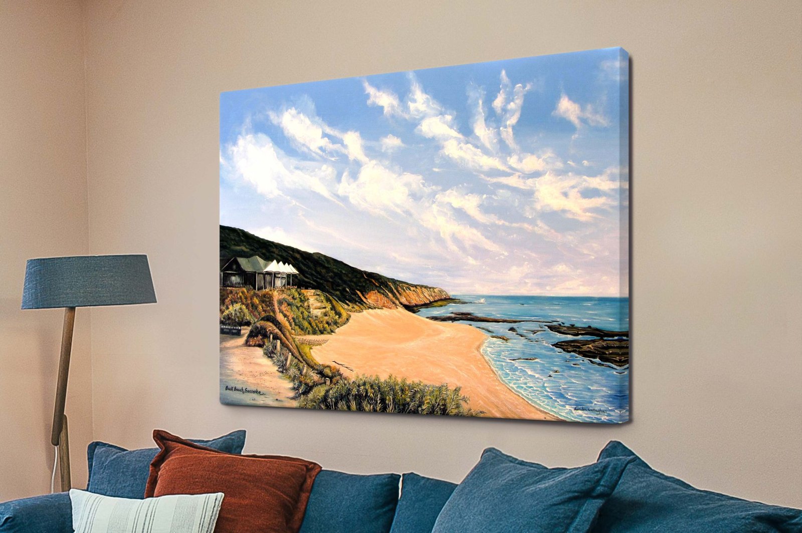 Beach View Sorrento canvas, clear turquoise bay and pale sand beneath a bright summer sky