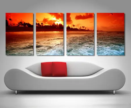 Tropical paradise sunset four panel canvas wall art in golden light