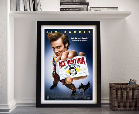 Framed Ace Ventura Pet Detective movie poster with yellow title on deep blue