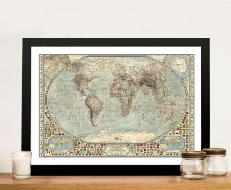 Framed canvas of an antique world map with old sailing routes
