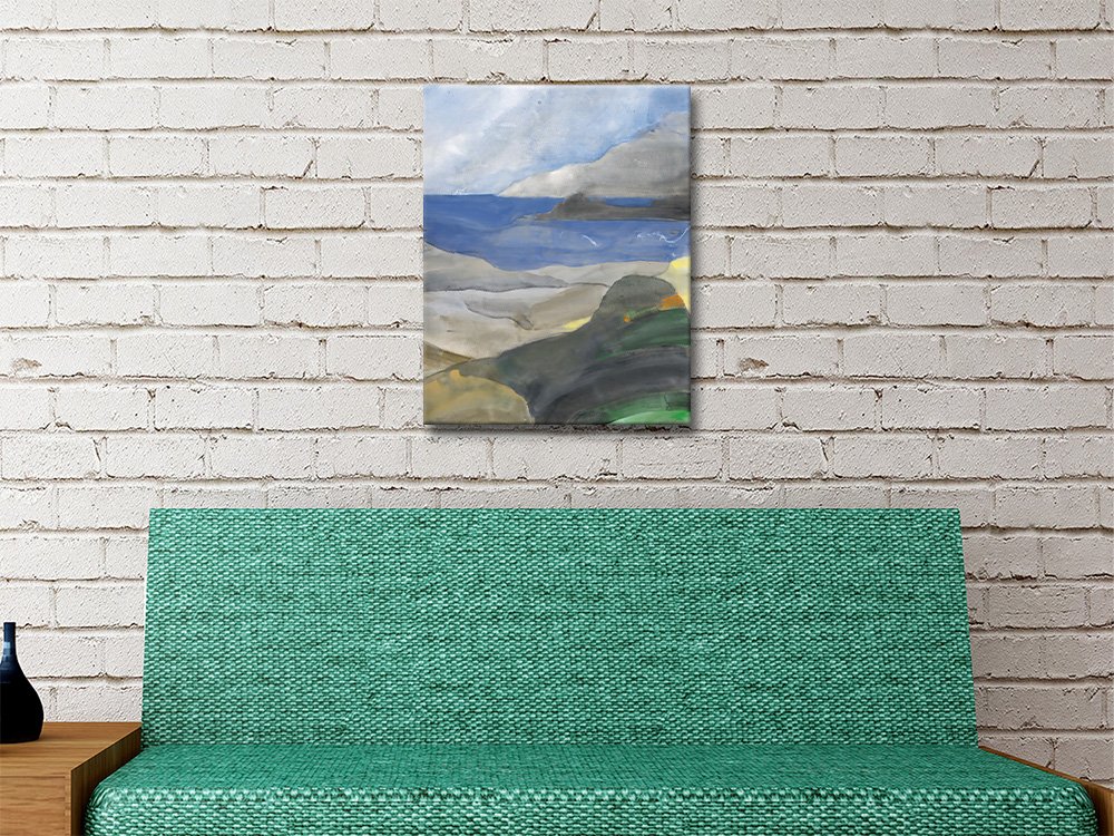 Above the Bay II canvas print of painterly coastal hills in muted blue, grey, green and ochre