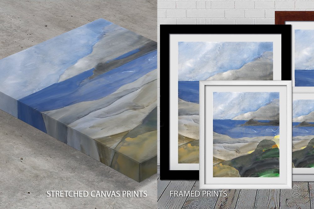 Size guide for Above the Bay II by Albena Hristova shown as stretched canvas and framed print options