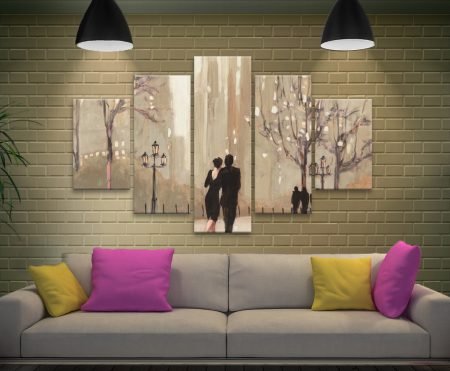 Split diamond canvas of an evening out scene in warm impressionist tones