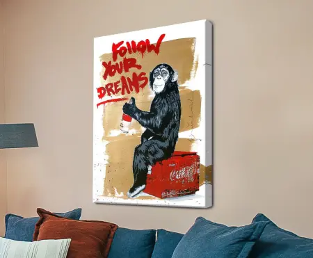 Follow Your Dreams by Banksy, a stencilled workman beside the words Follow Your Dreams stamped Cancelled in red