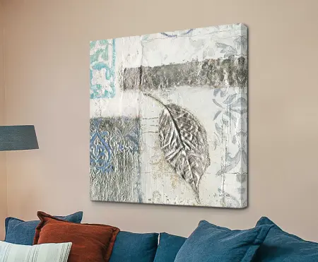 Gracefully Blue IV by James Wiens - silver-leaf abstract with soft blue damask patterns on canvas