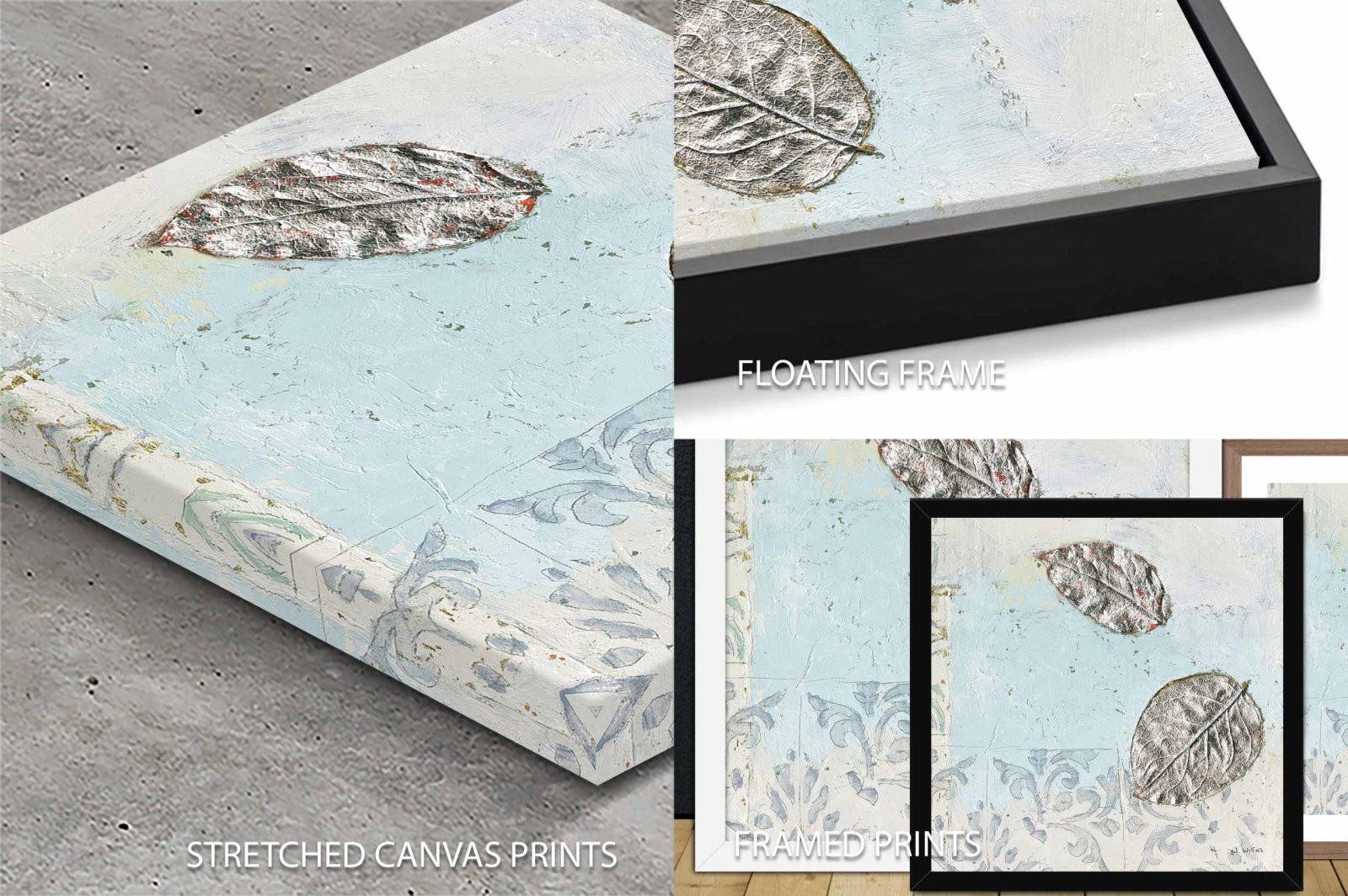 James Wiens Gracefully Blue II artwork shown in stretched canvas, floating frame and framed print formats with silver leaf details