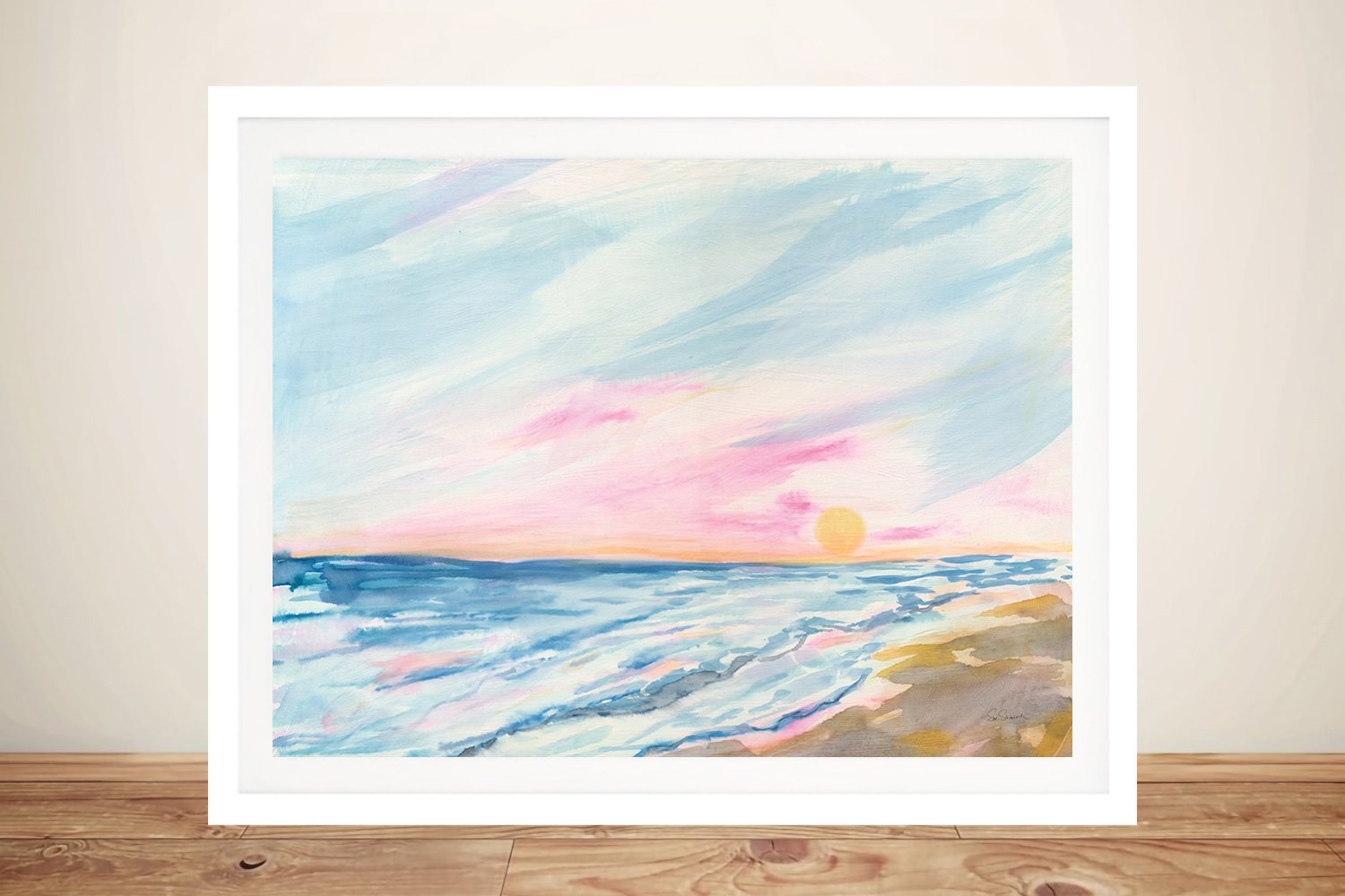 Ocean Sunrise framed watercolour seascape with blush pink sky, golden sun and blue waves on a sandy shore