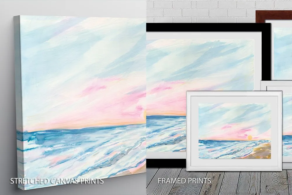 Size guide for the Ocean Sunrise pastel seascape canvas showing all available dimensions