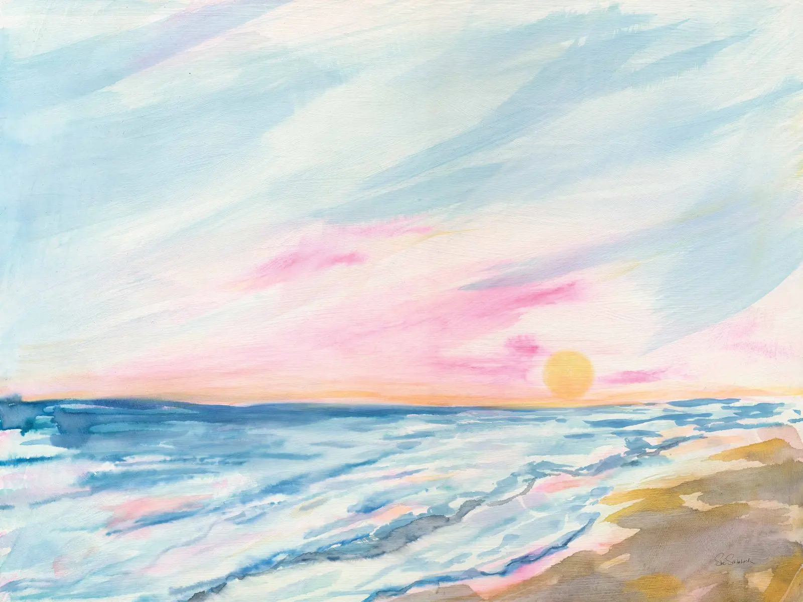 Ocean Sunrise watercolour by Sue Schlabach showing pastel pink sky, golden sun and soft blue waves rolling onto sandy shore