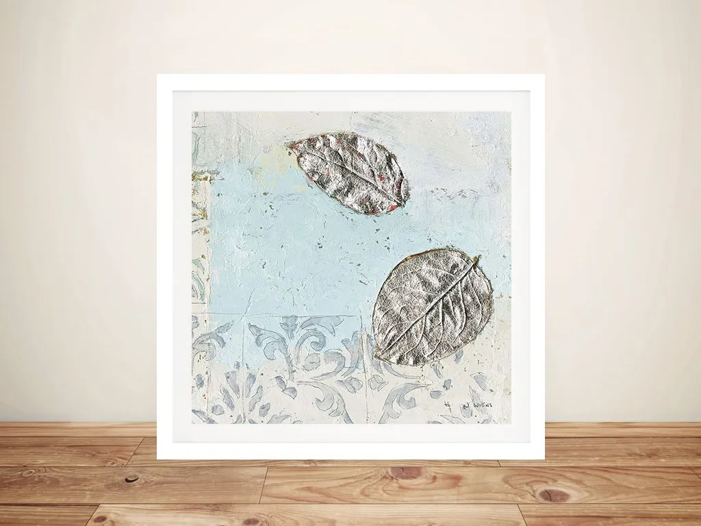 Gracefully Blue II framed print with silver leaves on soft blue and cream textured background