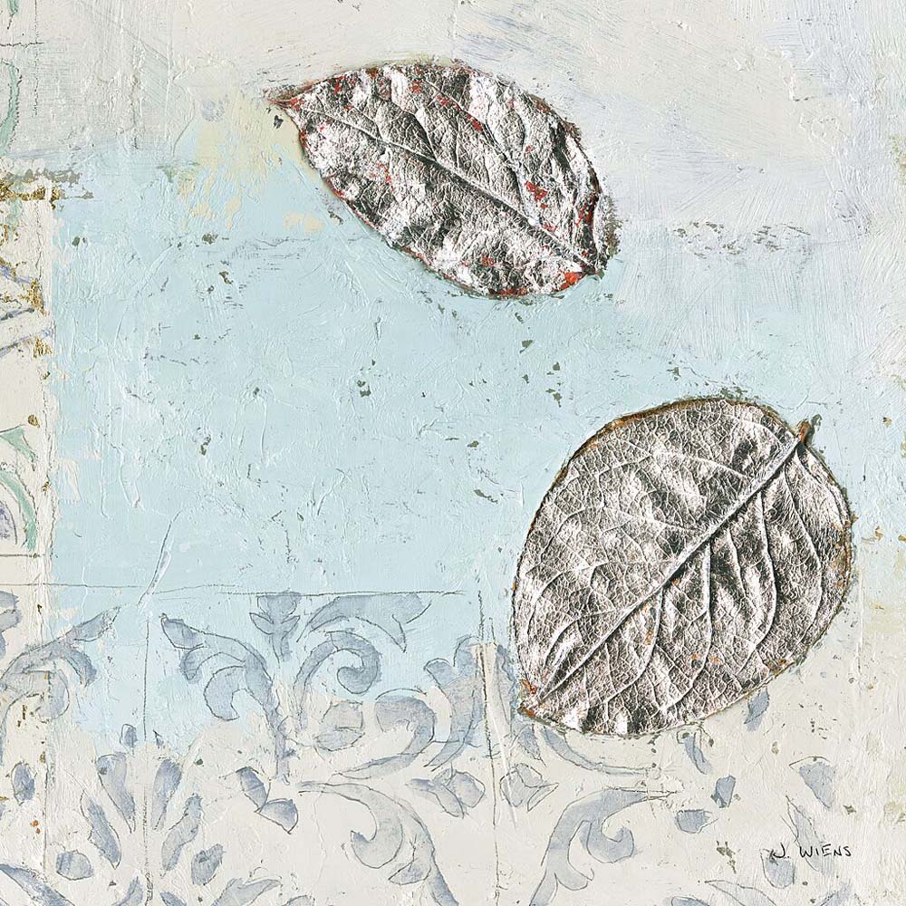 Gracefully Blue II textured artwork featuring two silver leaves on soft blue background with vintage damask pattern and weathered cream tones