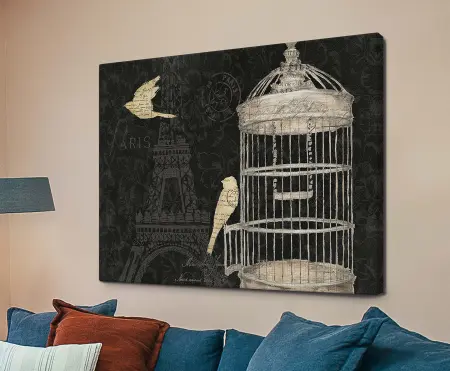 Via Paris I by James Wiens, vintage Parisian motifs with the Eiffel Tower on a moody black ground