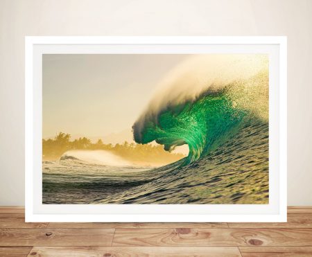Framed surf photograph of empty breaking waves at Pipeline