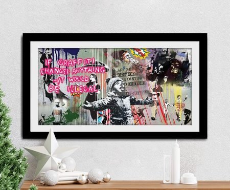 Framed panoramic collage of famous Banksy graffiti stencils