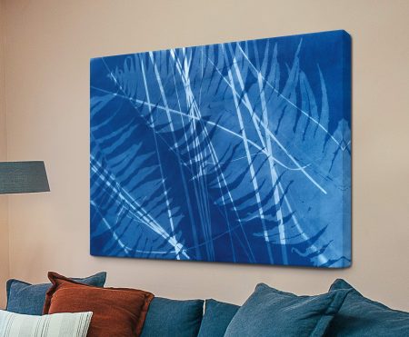 Cyanotype Tropical XL - fern fronds and palm leaves in cyanotype blue and white on canvas