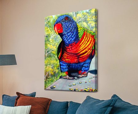 Tucker Time Rainbow Lorikeet canvas, brilliant lorikeet feeding in vivid greens, blues and reds