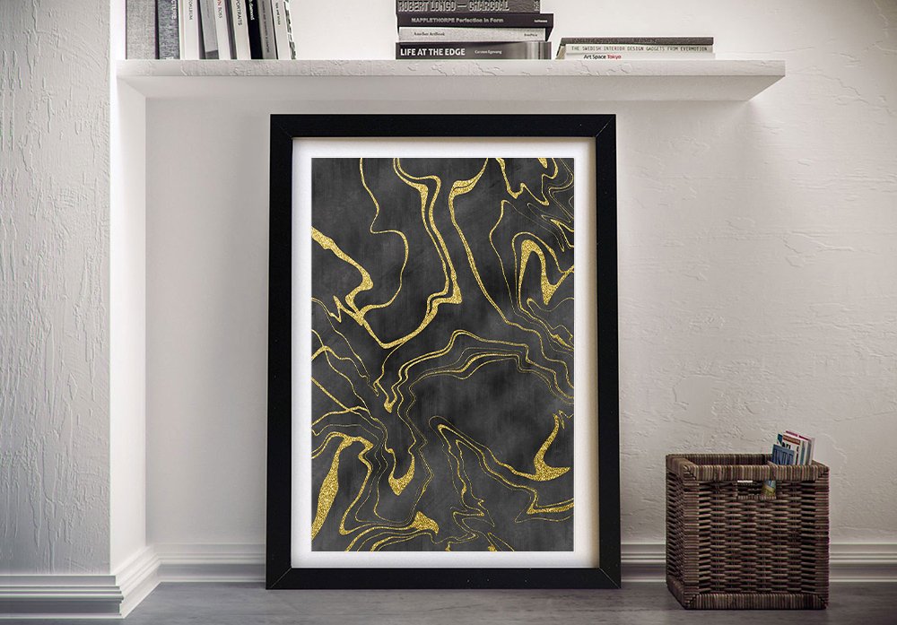 Golden Flows No.11 framed print with fluid gold veins across a black marble background