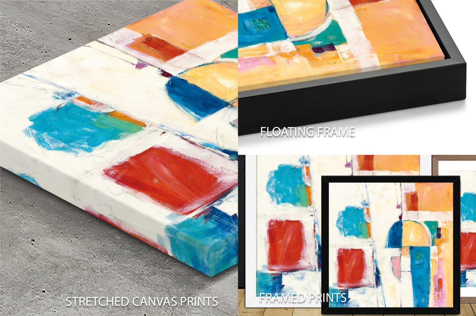 Down to the Street colourful abstract artwork shown in stretched canvas, floating frame and framed print format options