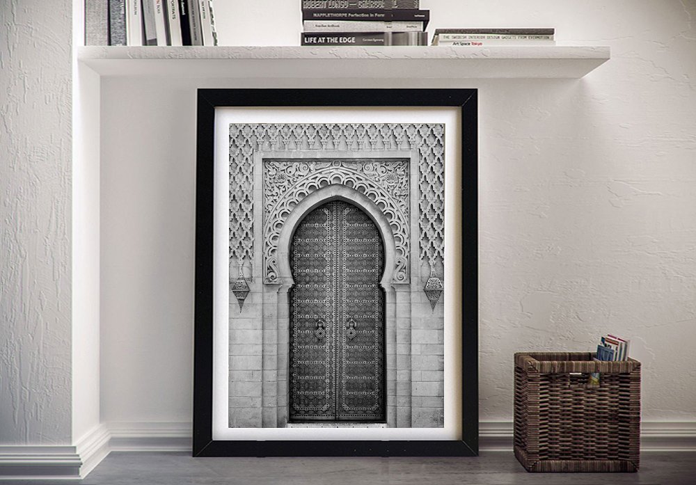 Black and white framed print of a Moroccan doorway with a carved arch