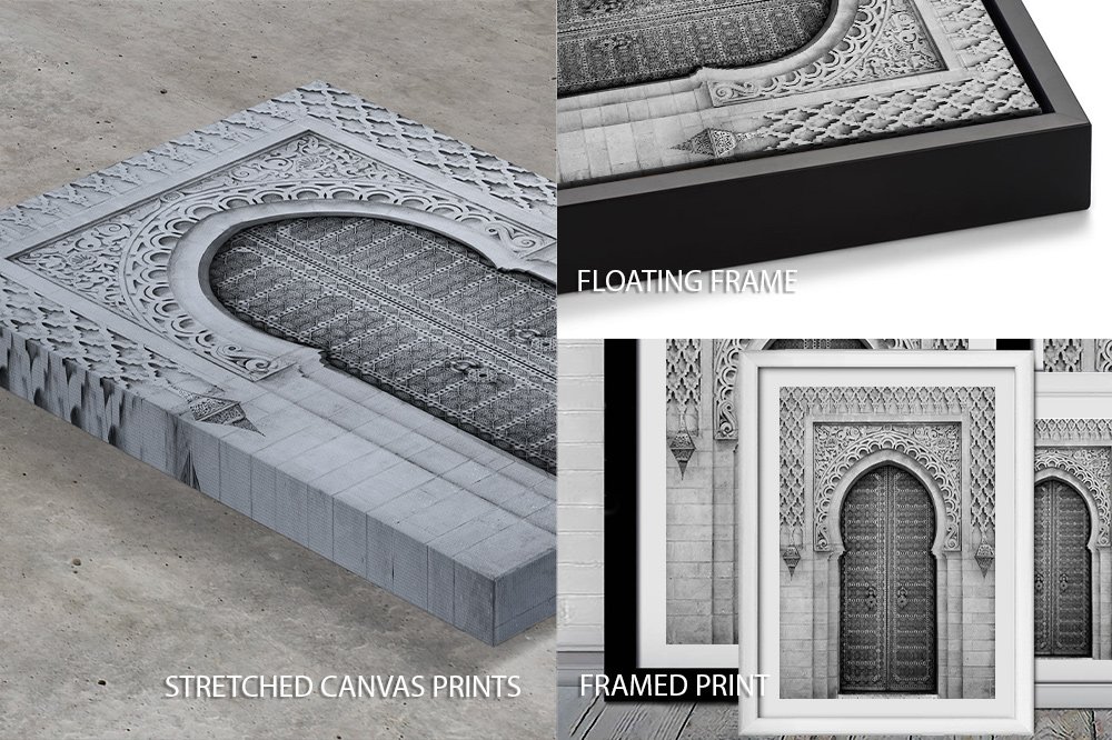 Size guide for Moroccan Doorway No.1 monochrome print across stretched canvas, floating frame and framed print formats from Canvas Prints Perth